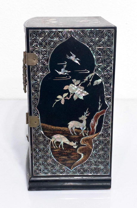 Antique Chinese Black Lacquer Dragon Jewelry Box Inlaid With Mother of Pearl