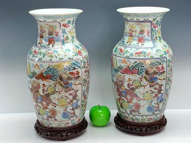Antique Chinese Famille Rose Vases With Warriors on Stands - a Pair 1875–1908