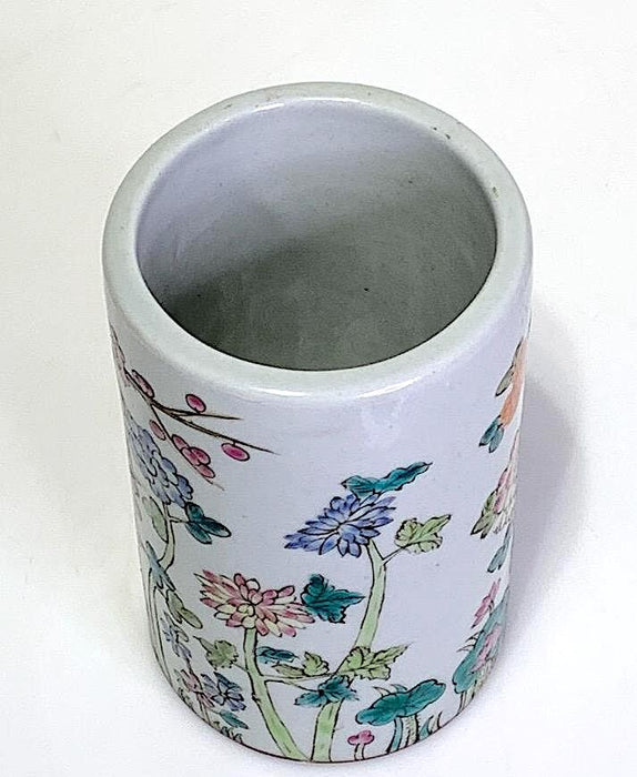 Vintage 20th Century Chinese Famille Rose Floral Brush Pot