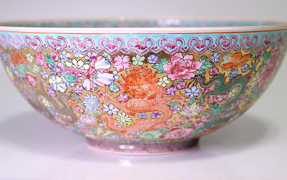 Chinese 'Eggshell' Porcelain Bowl With Gilt, Millefiore Flowers and Green Dragon 9.5"