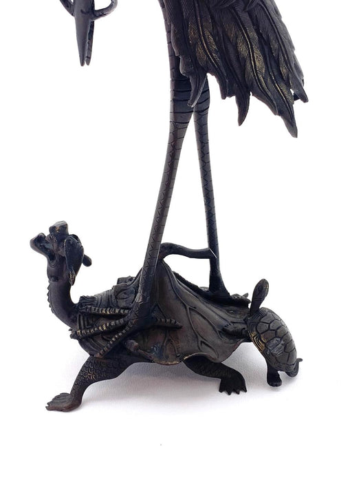 Old Chinese Bronze Sculpture of a Heron Atop a Dragon Turtle & Lotus Leaf