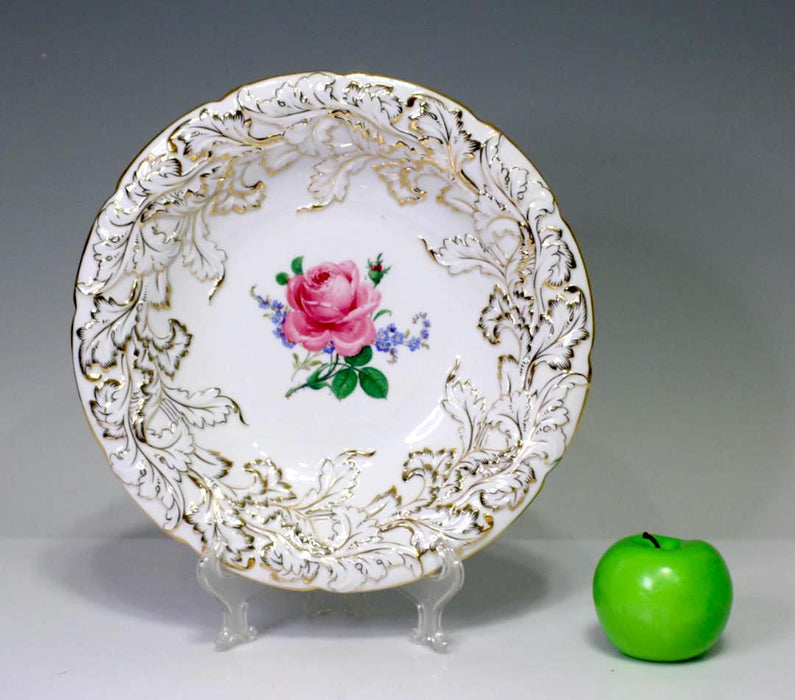 Antique Meissen White Porcelain Charger Rococo Design With Painted Pink Rose Bouquet, Signed