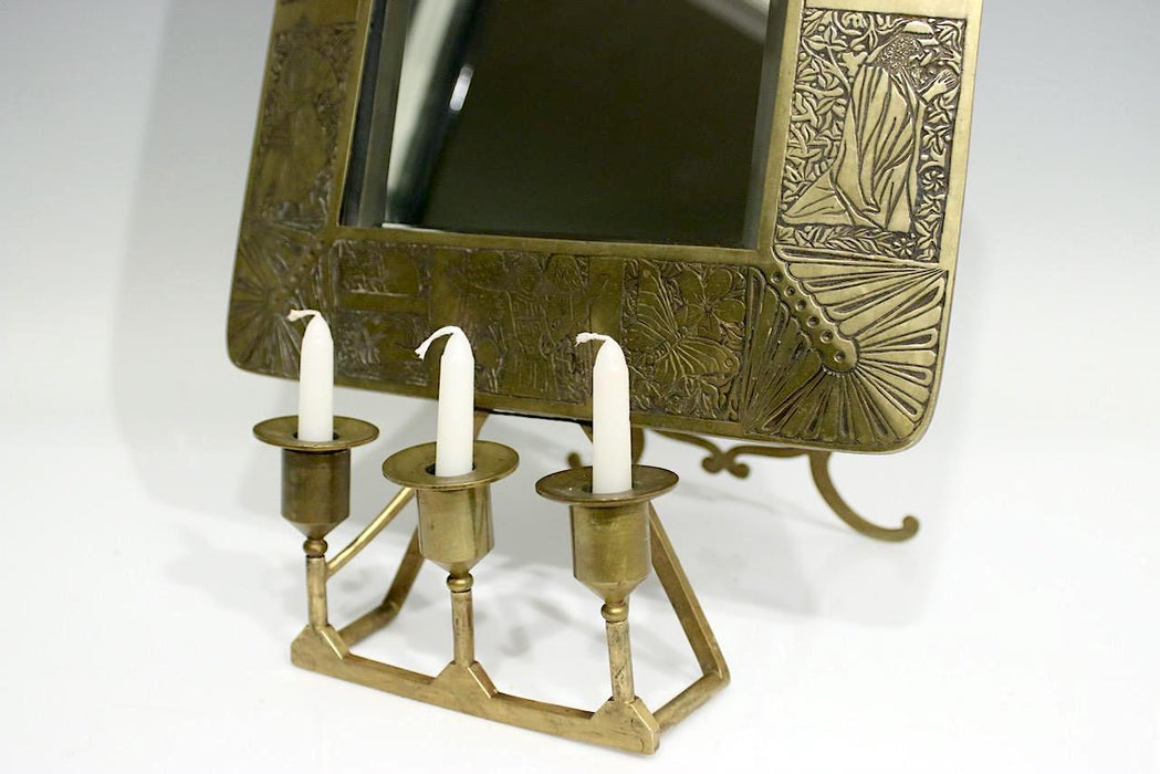 Antique Bronze Frame Dresser Mirror With Candle Holders in the Manner of Tiffany