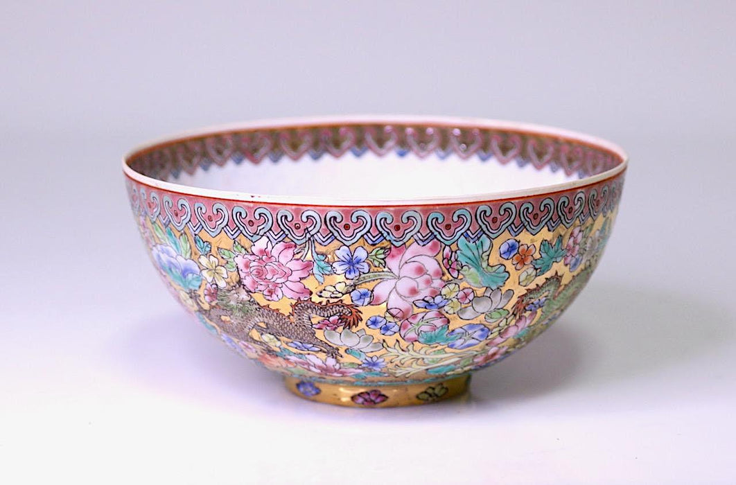 Fine Chinese "Eggshell" Porcelain Gilt Bowl With Pastel Millefiore Flowers and Colourful Imperial Dragons