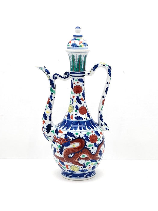 1950's Blue and White Chinese Porcelain Doucai Ewer / Pitcher With Dragons, Qianlong Mark