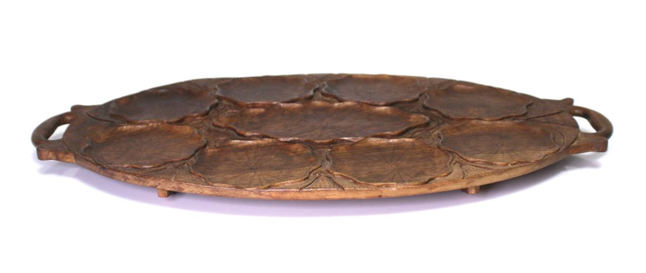 Antique Anglo-Indian Hand Carved Wood Lily Pad Serving Tray
