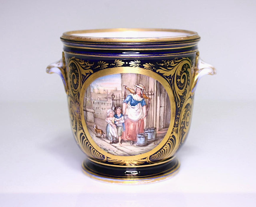 Antique English Royal Crown Derby Hand Painted Scenic Cobalt Blue Porcelain Cachepot Planter