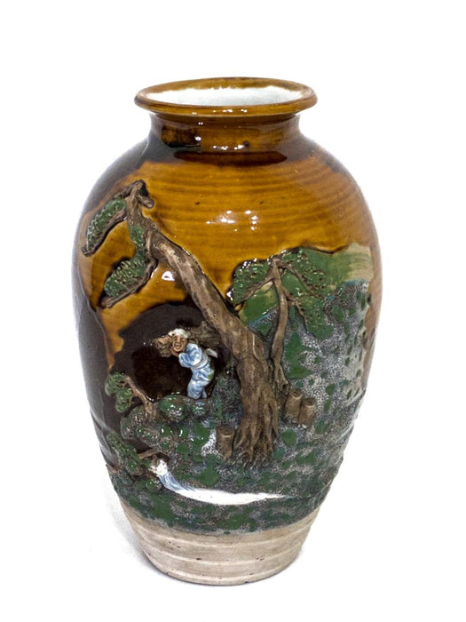 Antique Japanese Sumida Gawa Figural Vase, Meiji Period Signed, The Old Man in the Forrest