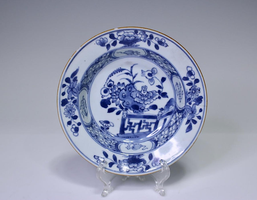 18th Century Antique Chinese Export Blue & White Porcelain Bowl with Rosewood Stand, Qing Dynasty