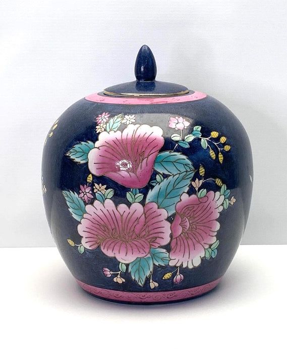 Vintage W B I Chinese Ginger Jar With Pink Floral Bouquets on Blue Ground