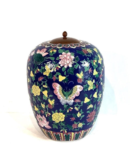 Vintage Blue Chinese Ginger Jar With Multi Coloured Butterflies, Moths & Flowers