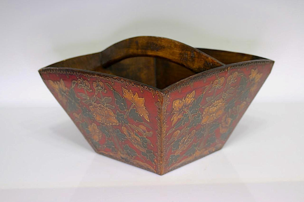 Antique Chinese Hand Made Rustic Wooden Red Painted Basket / Storage Box With Flowers