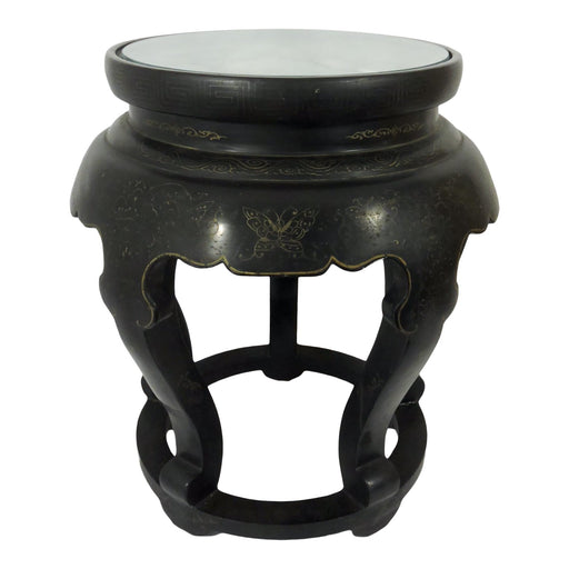 Vintage Black Lacquer Chinese Stool With Green and White Jade Floral Top - 'Jinlong'